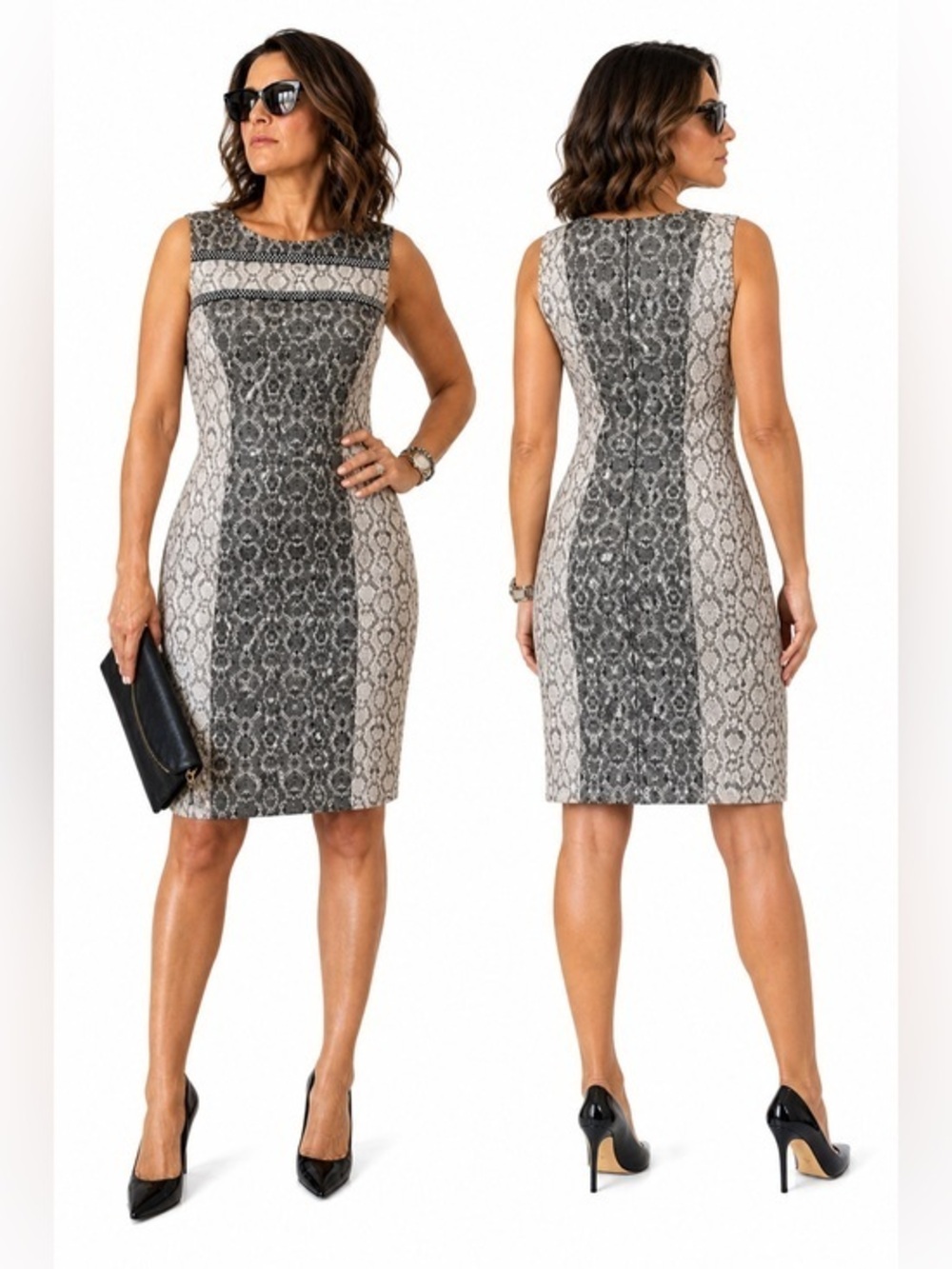 Belle Badgley Mischka Snake Print Sheath Dress 12 Sleeveless Knee Length Career